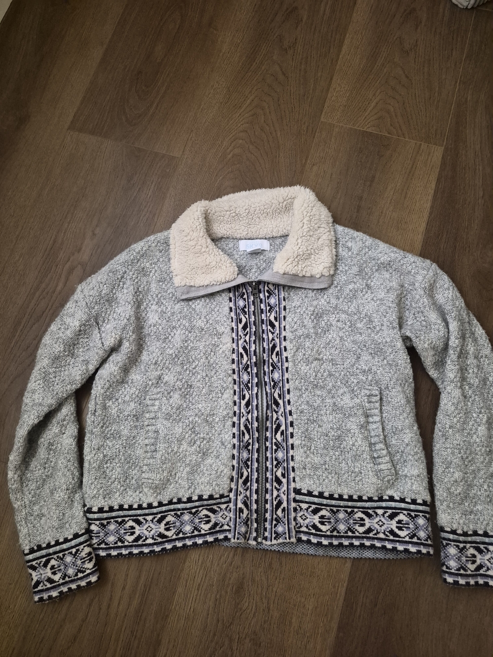 Cozy Sherpa Collar Knit Jacket in Heather Gray with Fair Isle Trim